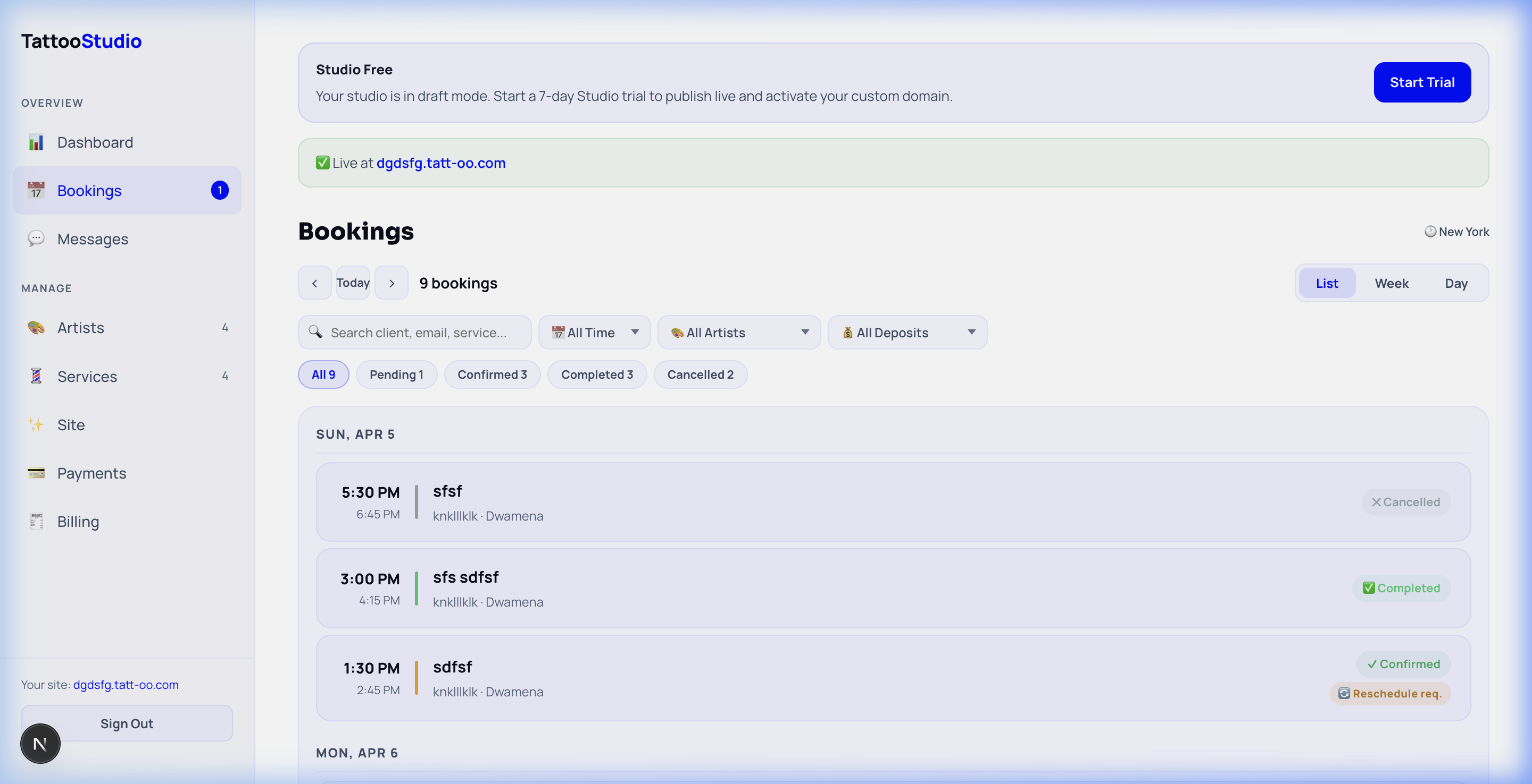 Bookings dashboard showing appointment list with filters, status tags, and staff assignments