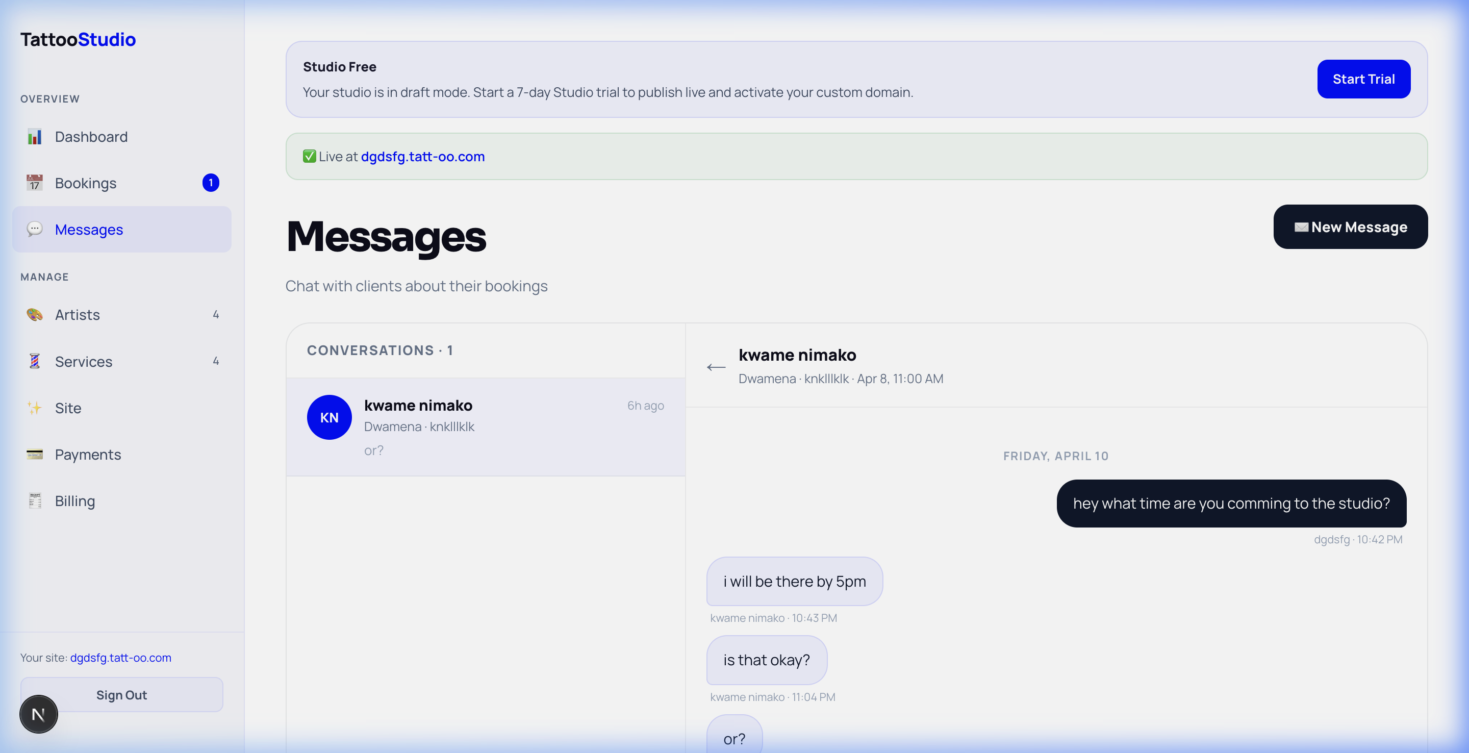 Built-in messaging showing client conversations linked to bookings