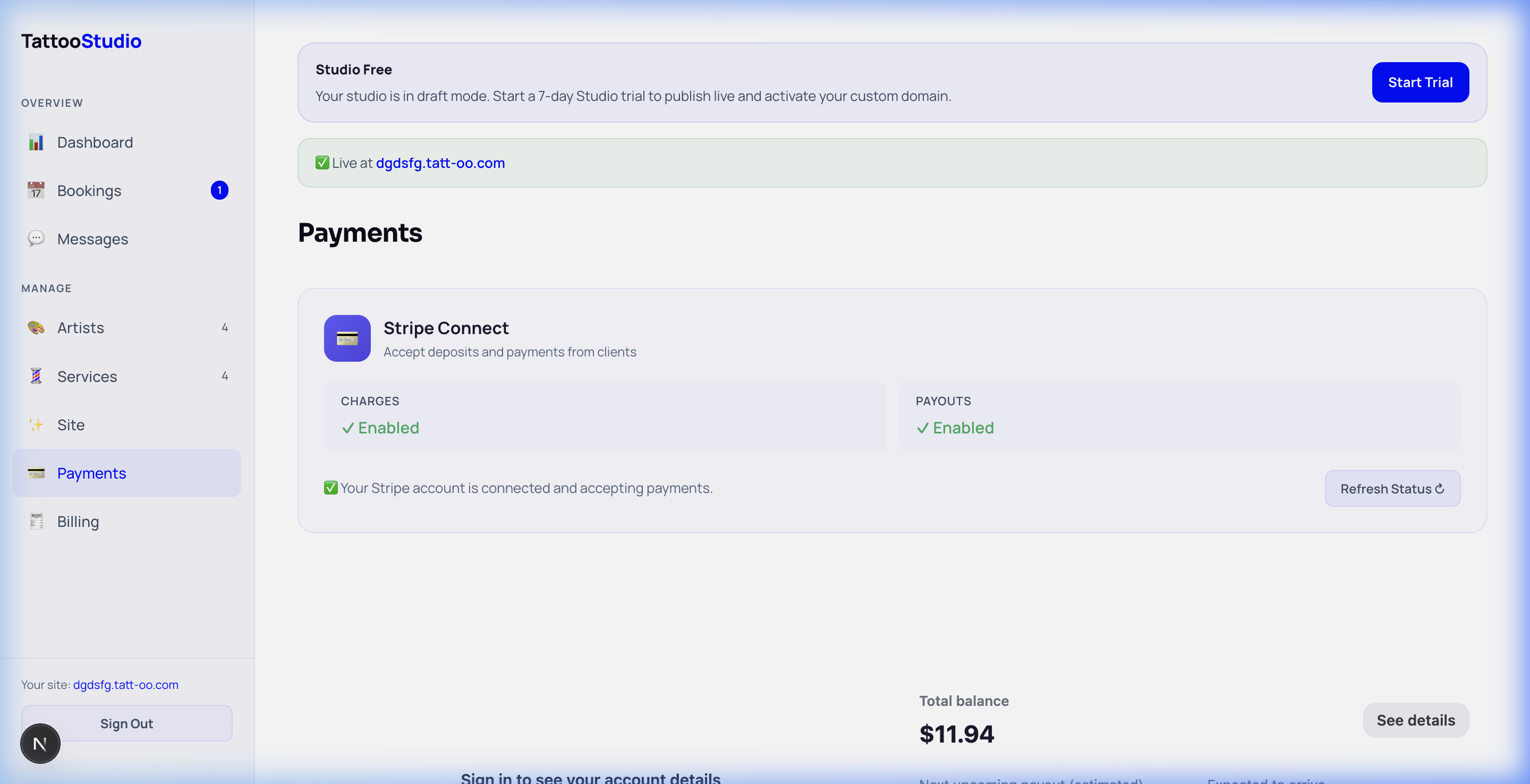 Payments dashboard showing Stripe Connect integration with charges and payouts enabled