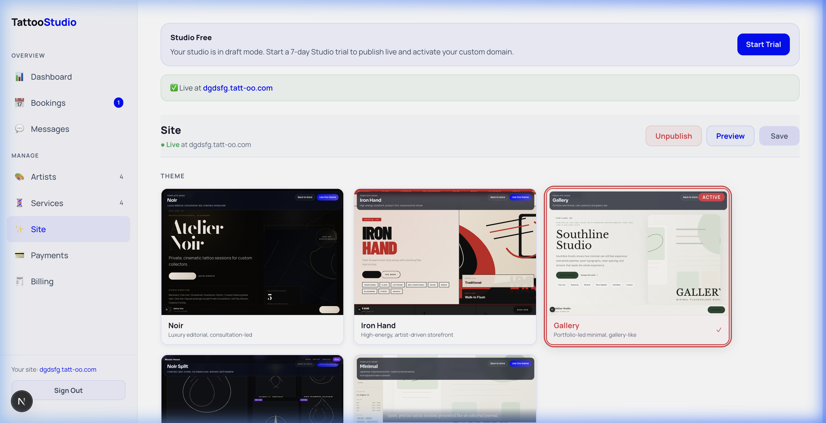 Site management showing 5 premium website templates to choose from