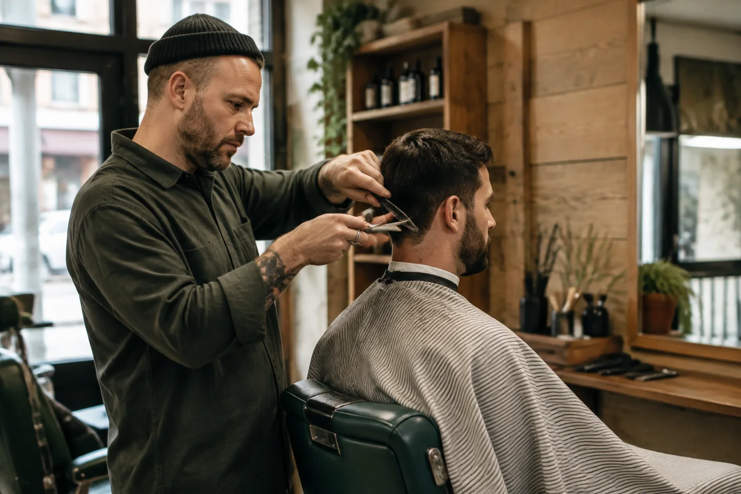 A barber finishing a client's haircut