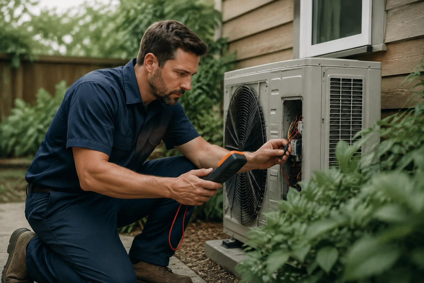 A technician checking an outdoor heating and cooling unit