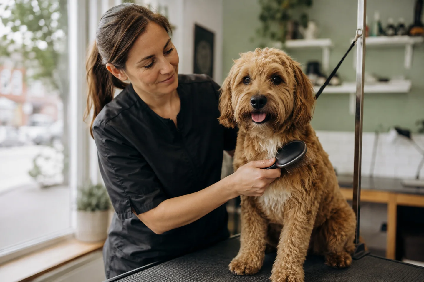 A groomer carefully brushing a dog in a grooming shop