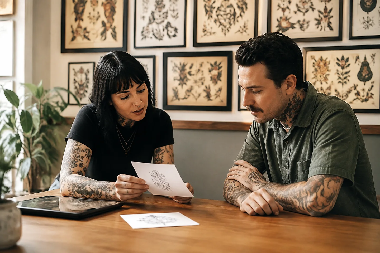 A tattoo artist and client reviewing a drawing at a consultation desk