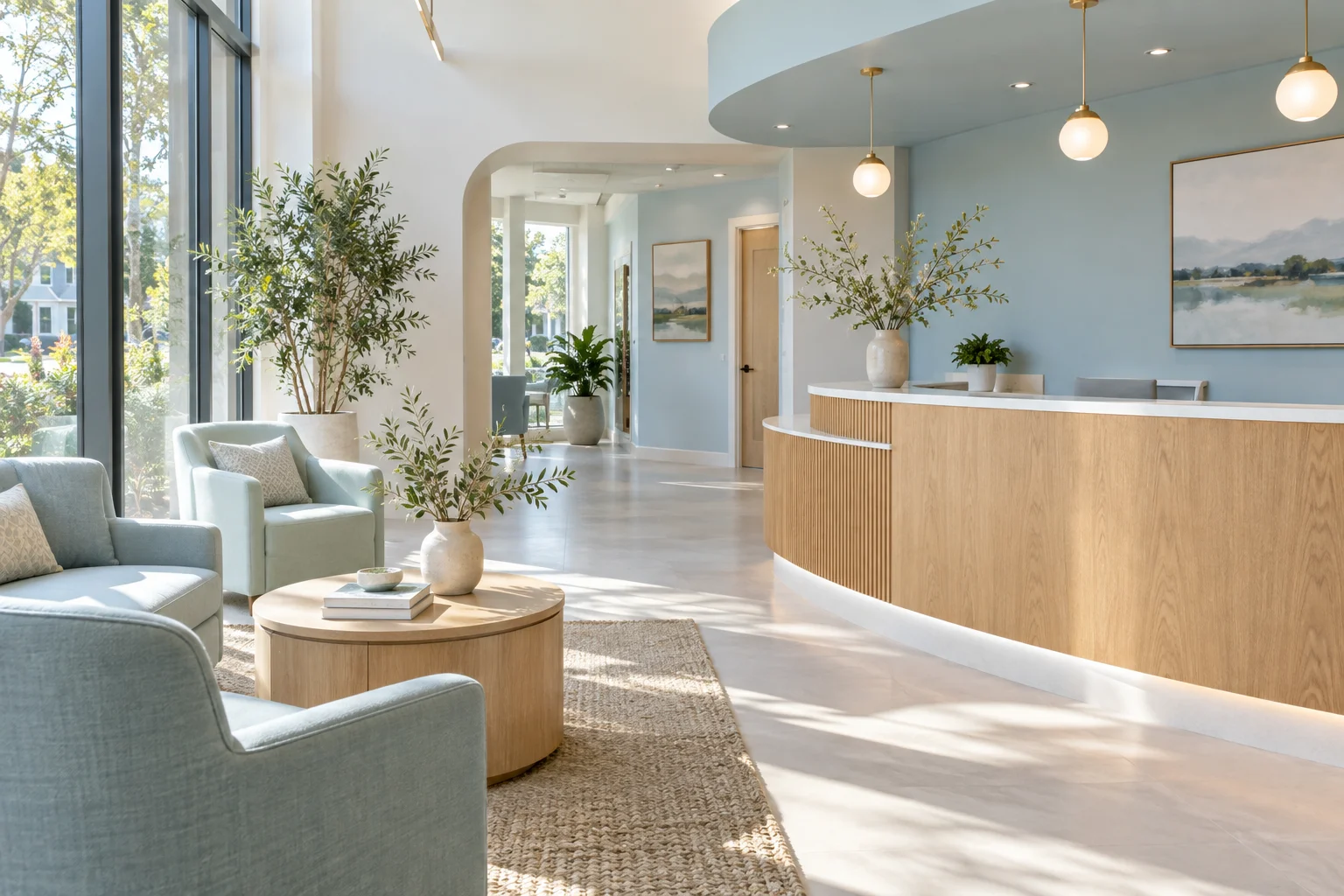 AI-generated editorial scene of a bright dental reception with pale blue seating and an oak desk